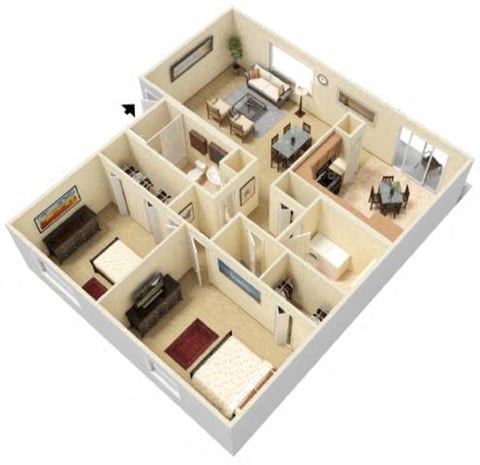 Floor plan for 2 beds, 1 bath, 1008 sqft