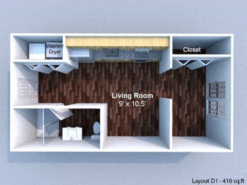 Floor plan for studio, 1 bath, 410 sqft