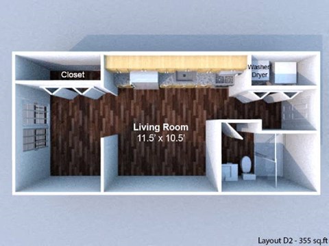 Floor plan for studio, 1 bath, 355 sqft