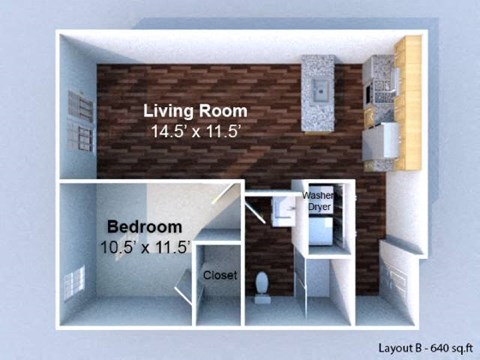 Floor plan for 1 bed, 1 bath, 640 sqft