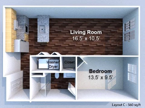 Floor plan for 1 bed, 1 bath, 560 sqft
