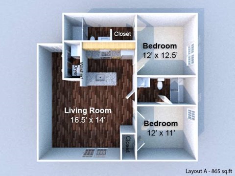Floor plan for 2 beds, 2 baths, 865 sqft
