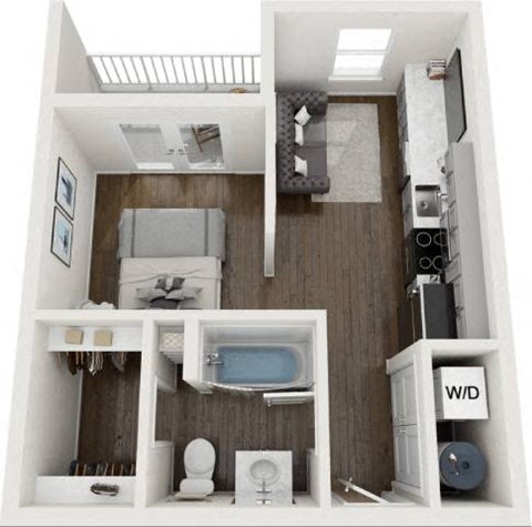 Floor plan for 1 bed, 1 bath, 413 sqft