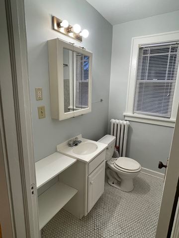 St. Paul apartment for rent - A white bathroom with a toilet, sink, and mirror.