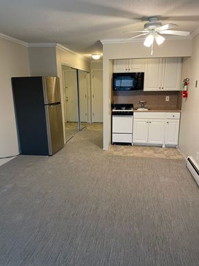 St. Paul apartment for rent - A black refrigerator is in a kitchen with white cabinets and a microwave.
