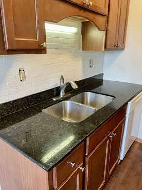 St. Paul apartment for rent - A kitchen with a sink and brown cabinets.