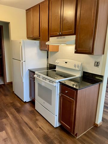 St. Paul apartment for rent - A white refrigerator and stove top oven in a kitchen with wooden cabinets.
