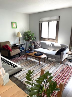 Minneapolis apartment for rent - A living room with a piano, couches, and a rug.
