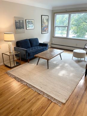 Saint Paul apartment for rent - A living room with a blue couch, a table, and a rug.