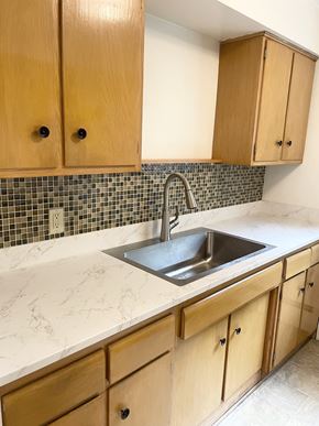 Saint Paul apartment for rent - A kitchen with wooden cabinets and a sink.