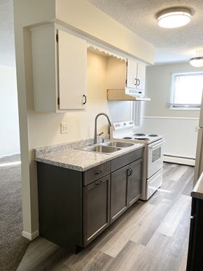 Fridley apartment for rent - A kitchen with a sink, stove, and cabinets.