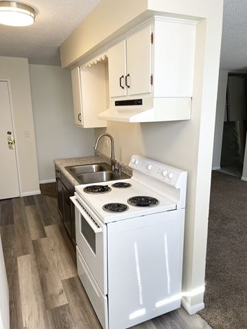 Fridley apartment for rent - A white stove and sink in a kitchen with wood flooring.