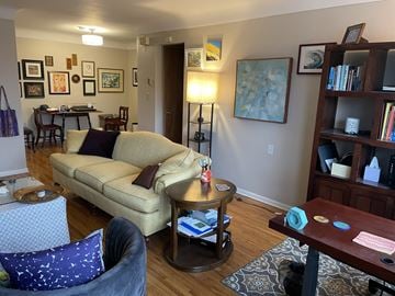 Saint Paul apartment for rent - A living room with a tan couch and a grey chair.