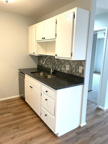 Bloomington apartment for rent - A kitchen with white cabinets and a black countertop.