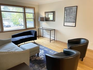 Saint Paul apartment for rent - A living room with a black chair and a grey sofa.