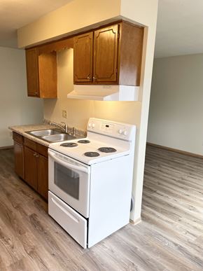 Fridley apartment for rent - A white stove and oven in a kitchen with wooden cabinets.