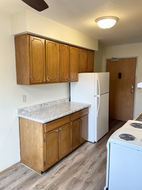 Fridley apartment for rent - A kitchen with a white fridge and wooden cabinets.