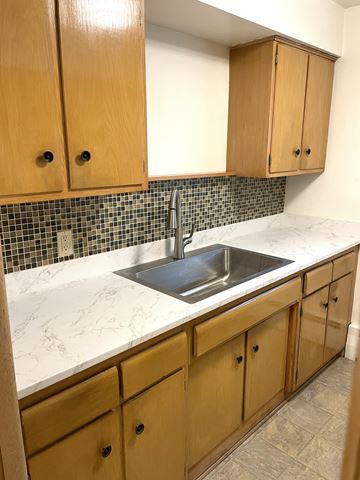 Saint Paul apartment for rent - A kitchen with wooden cabinets and a marble countertop.
