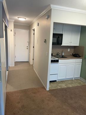 St. Paul apartment for rent - A kitchen with white cabinets and a white door.