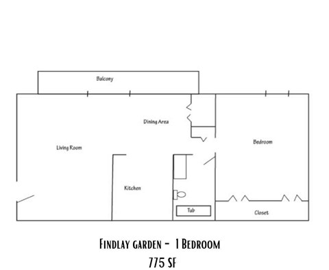 Floor plan for 1 bed, 1 bath, 775 sqft