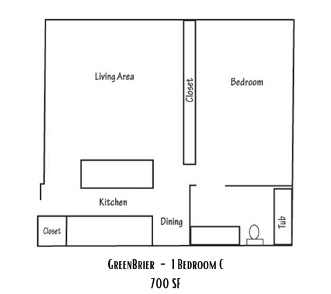 Floor plan for 1 bed, 1 bath