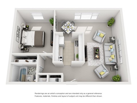 Floor plan for 1 bed, 1 bath, 635 sqft