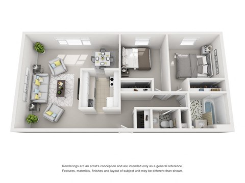 Floor plan for 2 beds, 1.5 baths, 845 sqft