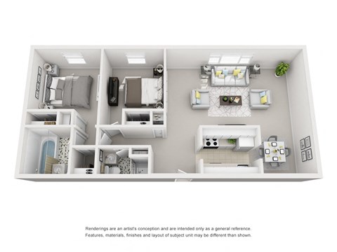 Floor plan for 2 beds, 2 baths, 1017 sqft