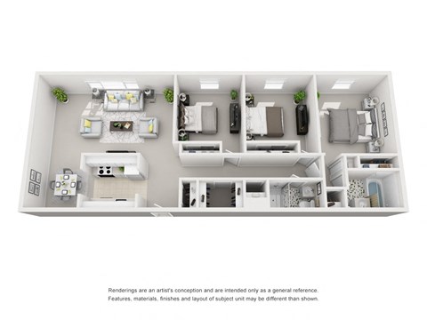 Floor plan for 3 beds, 2 baths, 1196 sqft