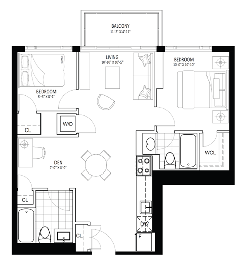 Floor plan for 2 beds, 2 baths, 751 sqft