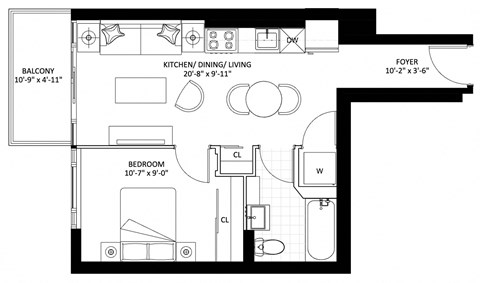 Floor plan for 1 bed, 1 bath, 495 sqft