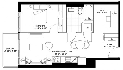 Floor plan for 1 bed, 1 bath, 620 sqft