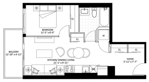 Floor plan for 1 bed, 1 bath, 517 sqft