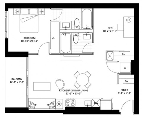 Floor plan for 1 bed, 2 baths, 764 sqft