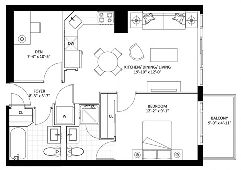 Floor plan for 1 bed, 2 baths, 675 sqft