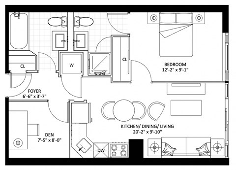 Floor plan for 1 bed, 2 baths, 591 sqft