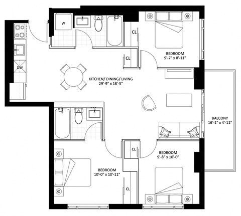 Floor plan for 3 beds, 2 baths, 862 sqft