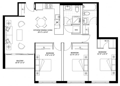 Floor plan for 3 beds, 2 baths, 1013 sqft