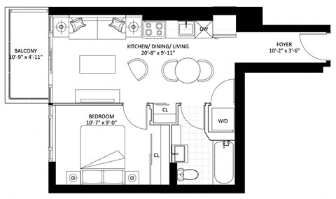 Floor plan for 1 bed, 1 bath, 508 sqft