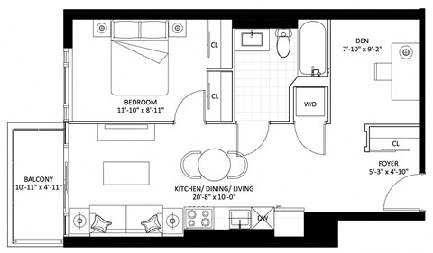 Floor plan for 1 bed, 1 bath, 627 sqft