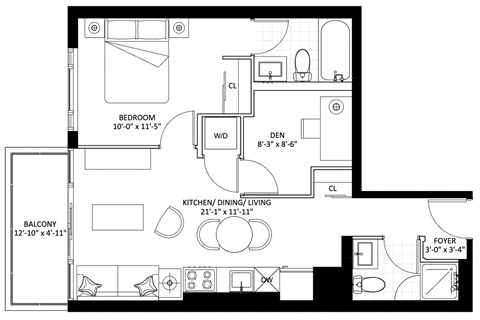 Floor plan for 1 bed, 2 baths, 619 sqft
