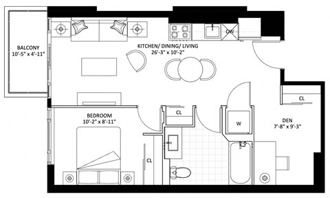 Floor plan for 1 bed, 1 bath, 606 sqft