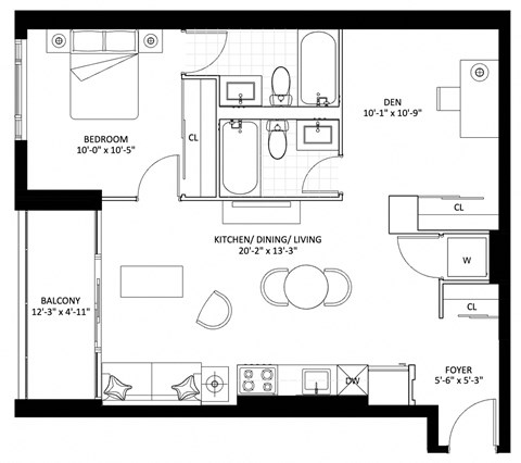 Floor plan for 1 bed, 2 baths, 763 sqft