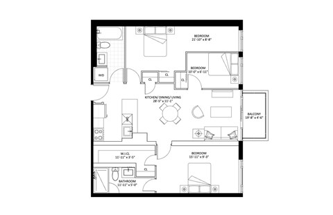 Floor plan for 3 beds, 2 baths, 987 sqft