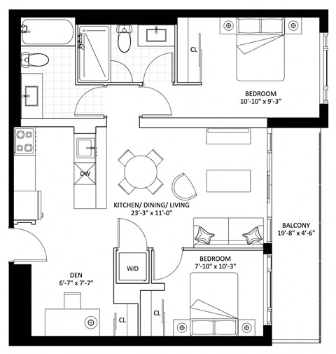 Floor plan for 2 beds, 2 baths, 769 sqft