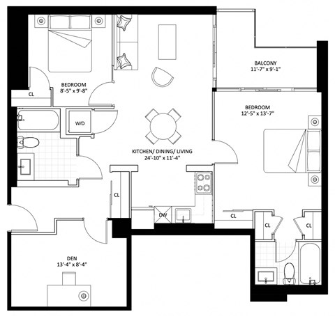 Floor plan for 2 beds, 2 baths, 1001 sqft