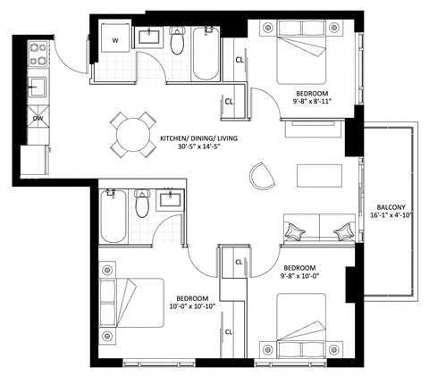 Floor plan for 3 beds, 2 baths, 859 sqft