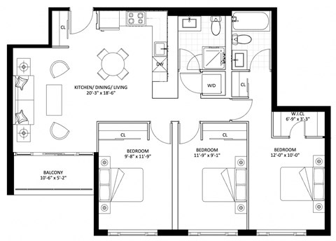 Floor plan for 3 beds, 2 baths, 1012 sqft