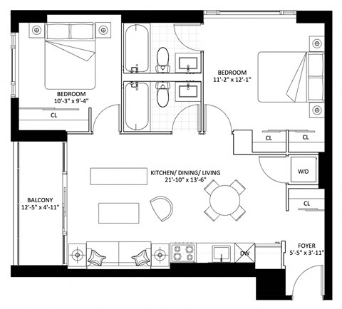 Floor plan for 2 beds, 2 baths, 788 sqft
