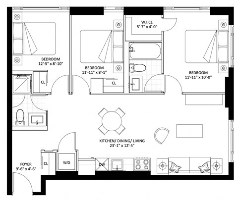 Floor plan for 3 beds, 2 baths, 926 sqft